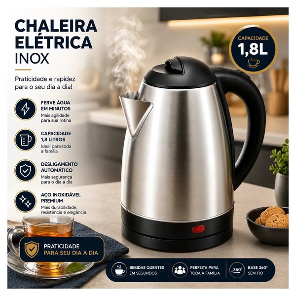 Chaleira Elétrica Inox 1,8L Aquecimento Rápido Desligamento Automático (110v) por R$ 27,00 à vista na Amazon
