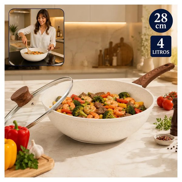 Frigideira Grande Wok Cerâmica Granito Antiaderente 28cm Com Tampa de Vidro Para Indução e Gás por R$ 67,00 no Pix na Amazon