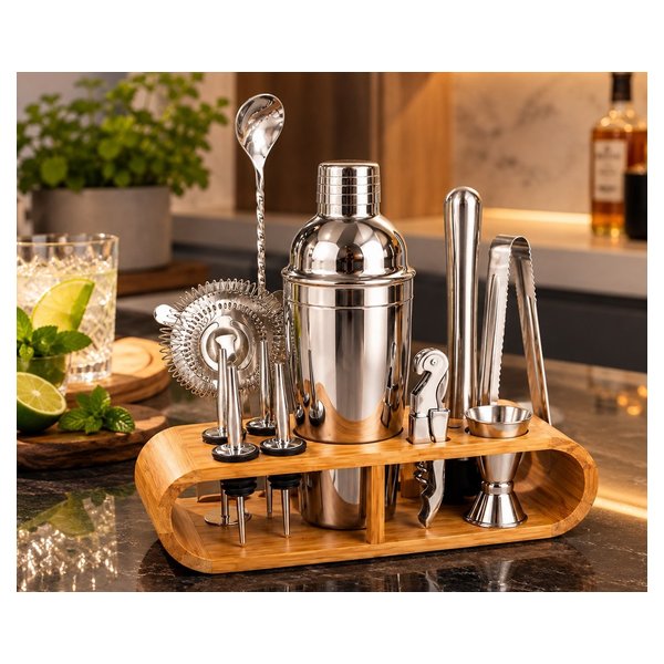 Kit Coqueteleira Inox 12 Peças com Suporte de Bambu, Coqueteleira 600ml, Dosadores, Coador, Colher Bailarina, Socador, Pegador de Gelo e Abridor para Drinks e Coquetéis por R$ 80,00 no Pix na Amazon