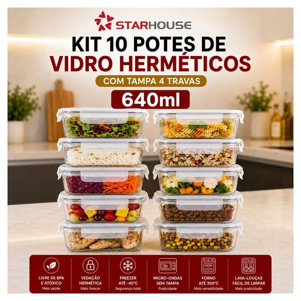 Kit 10 Potes de Vidro Borossilicato 640ml Herméticos com 4 Travas por R$ 82,00 à vista no Mercado Livre