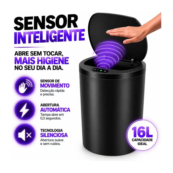 Lixeira Inteligente Redonda 16L Automática com Sensor Recarregável USB‐C por R$ 58,00 à vista no Mercado Livre