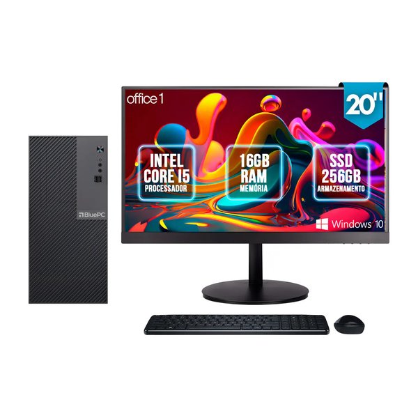 Computador Completo Intel Core i5, 16GB RAM, SSD 256GB, Monitor LED 20", Windows 10 Pro, Preto, Bivolt - BluePC Office1 CDBP-OFF1-108 por R$ 1.288,00 no Mercado Livre