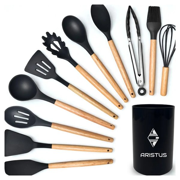 Kit 12 Utensílios De Cozinha Em Silicone Premium Com Cabo De Madeira Marca Aristus Resistentes Ao Calor Até 220°c, Antiaderentes, Duráveis E Modernos por R$ 39,00 à vista no Mercado Livre