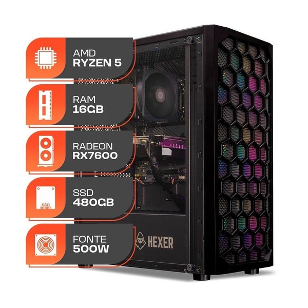 Pc Gamer Spectrum, AMD Ryzen 5 5500, Radeon RX 7600 8GB, 16GB DDR4, SSD 480GB, Fonte 500W 80 Plus por R$ 4.284,00 na Shopee