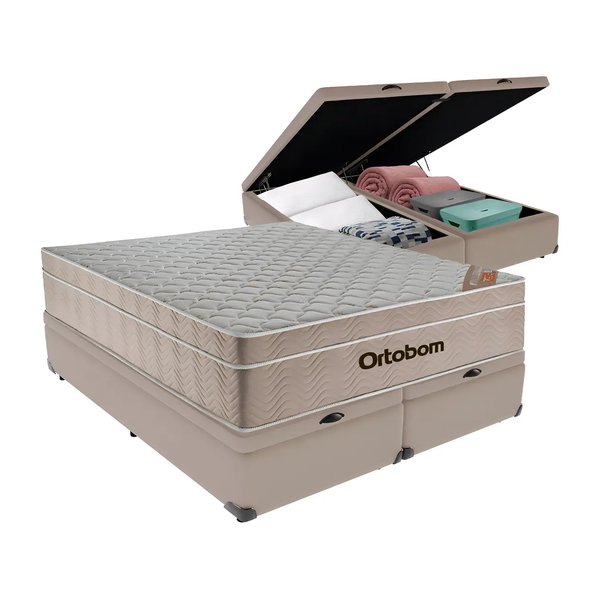 Cama Box Baú Queen Ortobom Airtech Molas Ensacadas Bege com Suede por R$ 1.582,00 no Mercado Livre