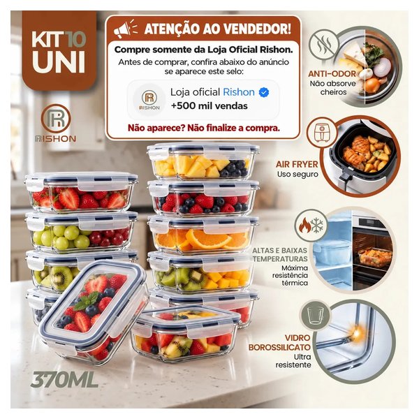 Kit 10 Pote De Vidro Marmita Hermético 370ml Freezer Rishon por R$ 67,00 à vista no Mercado Livre
