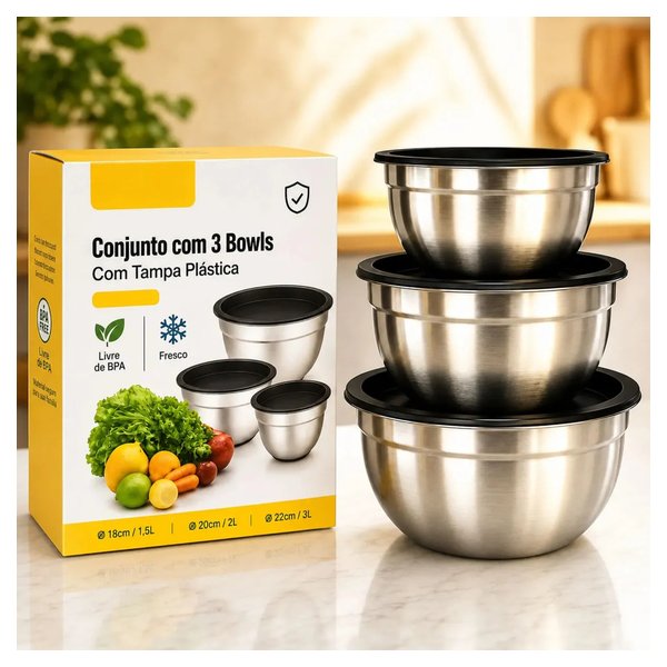 Conjunto de 3 Bowls Bumper em Inox com Tampa Hermética por R$ 44,00 no Pix na Magalu