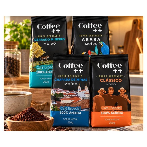 Kit 4 Pacotes Café Especial Torrado e Moído Coffee Mais Variedades: Cerrado Mineiro, Arara, Chapada de Minas e Clássico - 100% Arábica (250g cada) por R$ 84,00 no Pix na Amazon