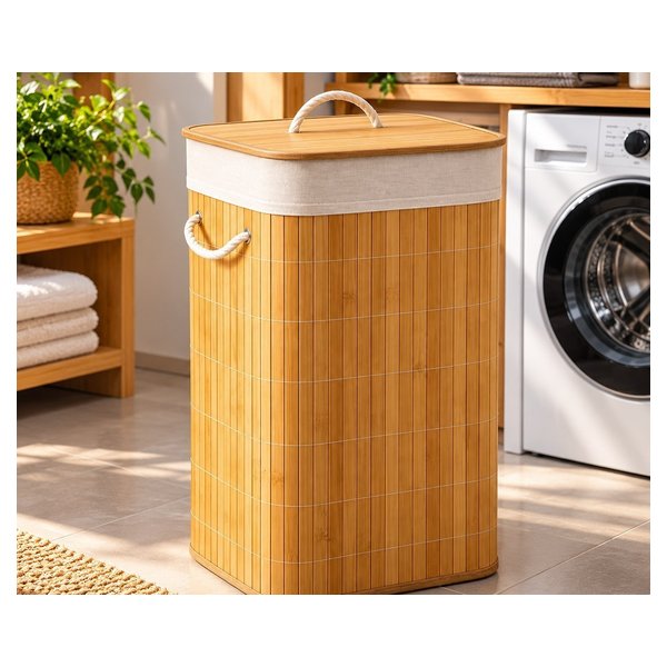 Cesto de Roupas em Bambu 60L com Tampa e Alças com Revestimento Interno Removível por R$ 45,50 no Pix na Amazon