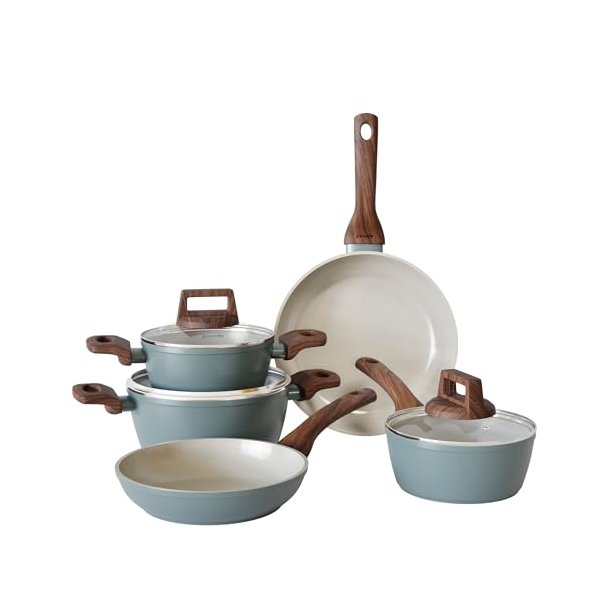 Conjunto de Panelas OSLO WOOD 5 Peças - Frigideiras 20cm e 24cm + Caçarolas 16cm e 20cm + Leiteira 16cm - Alumínio Antiaderente - Indução por R$ 255,00 na Amazon