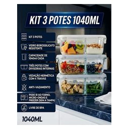 Kit 3 Potes de Vidro 1040ml com Divisória e Tampa Hermética Borossilicato por R$ 60,00 à vista no Mercado Livre